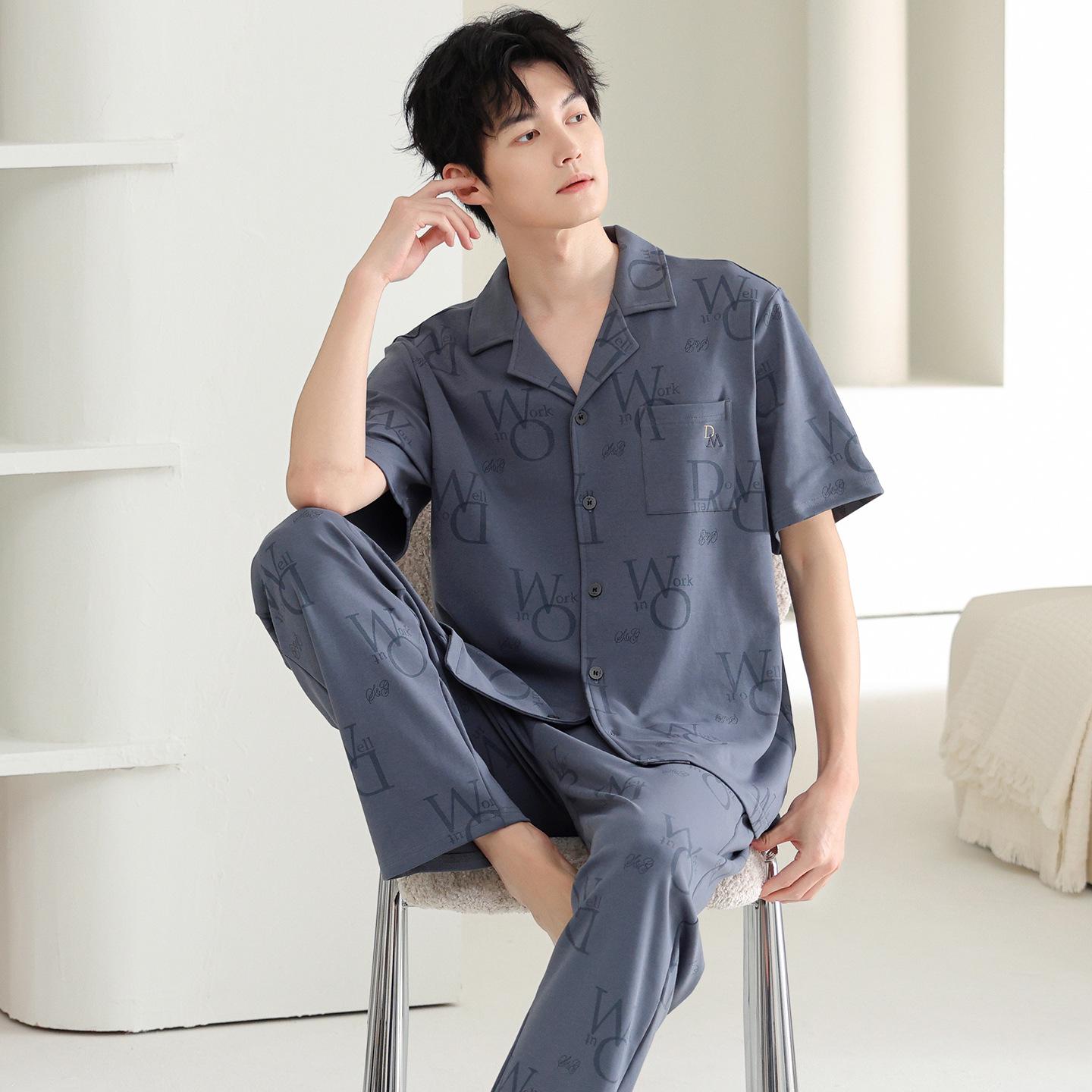 

Men s Pure Cotton Pajama Set - Summer Short Sleeve, Long Pants, Youth Cardigan Style Large