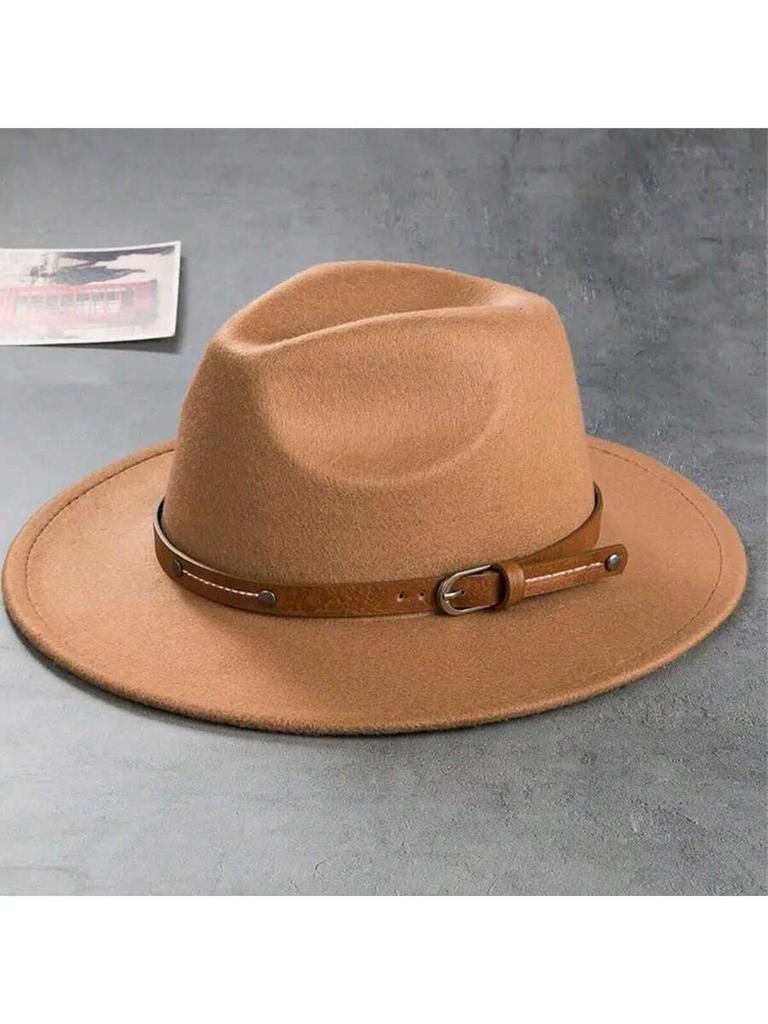 Unisex Fedora Hat With Leather Belt Wide Brim Casual Jazz Cap