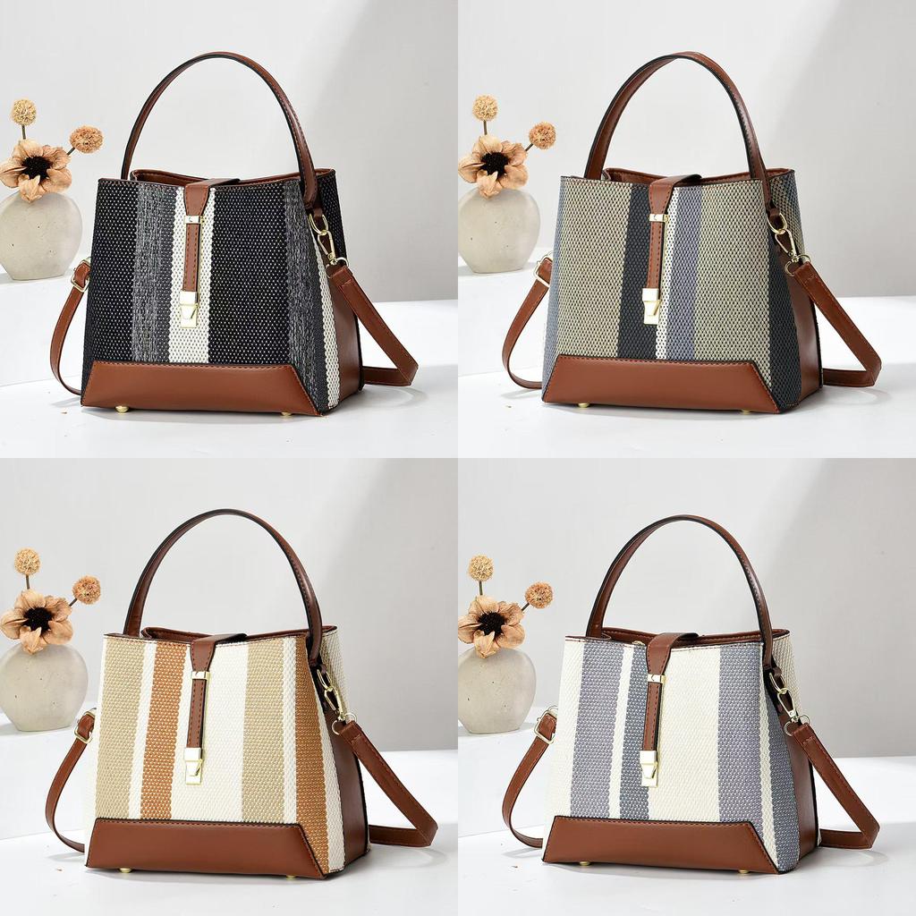 Pu Water Bucket Bag With Multilayer Weaving And Color Block Design For Daily Casual Use