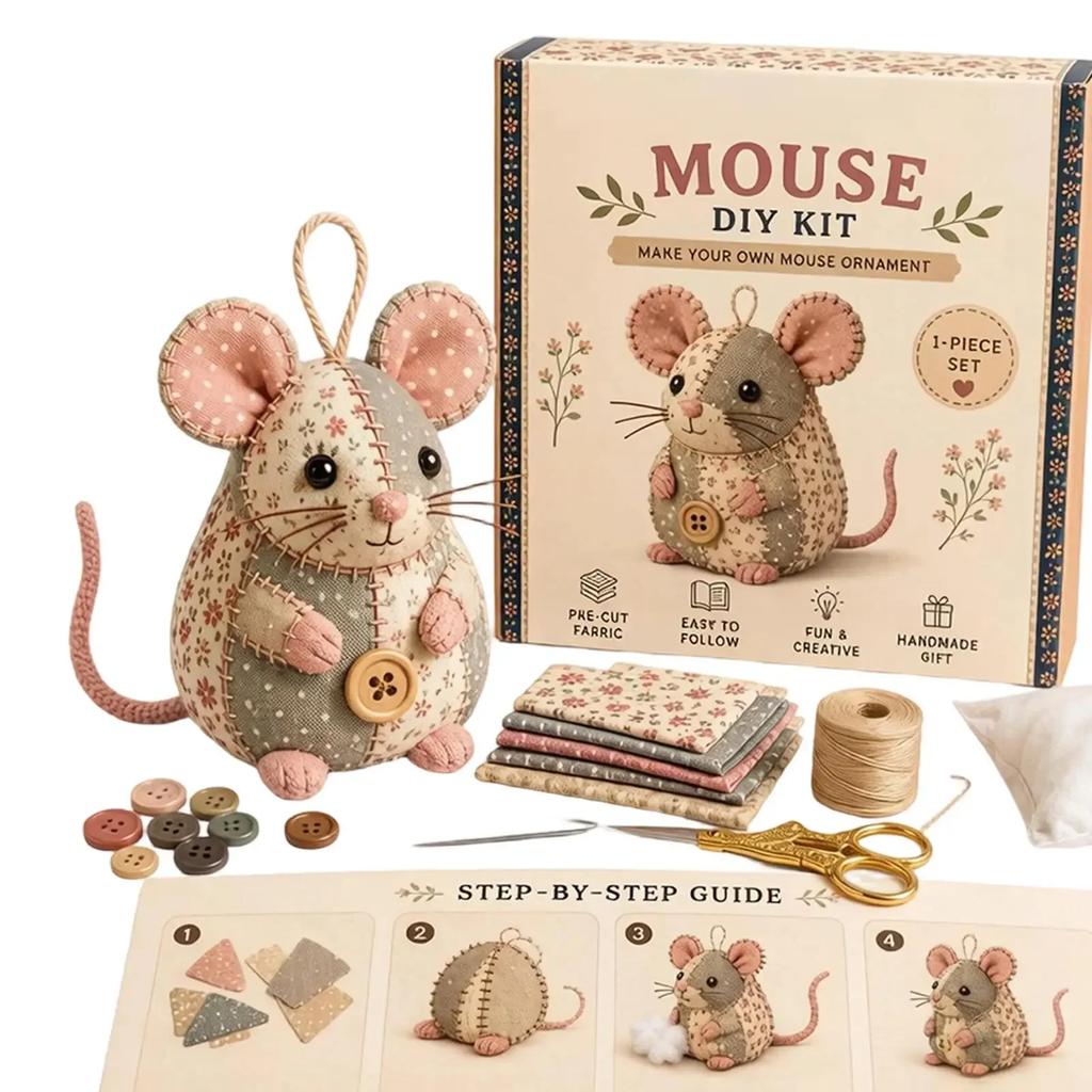 DIY Stoffmaus Nähset, Komplettes Patchwork Bastelset mit vorgeschnittenem Stoff & Werkzeugen, Niedliche Stofftiermaus für die Heimdekoration