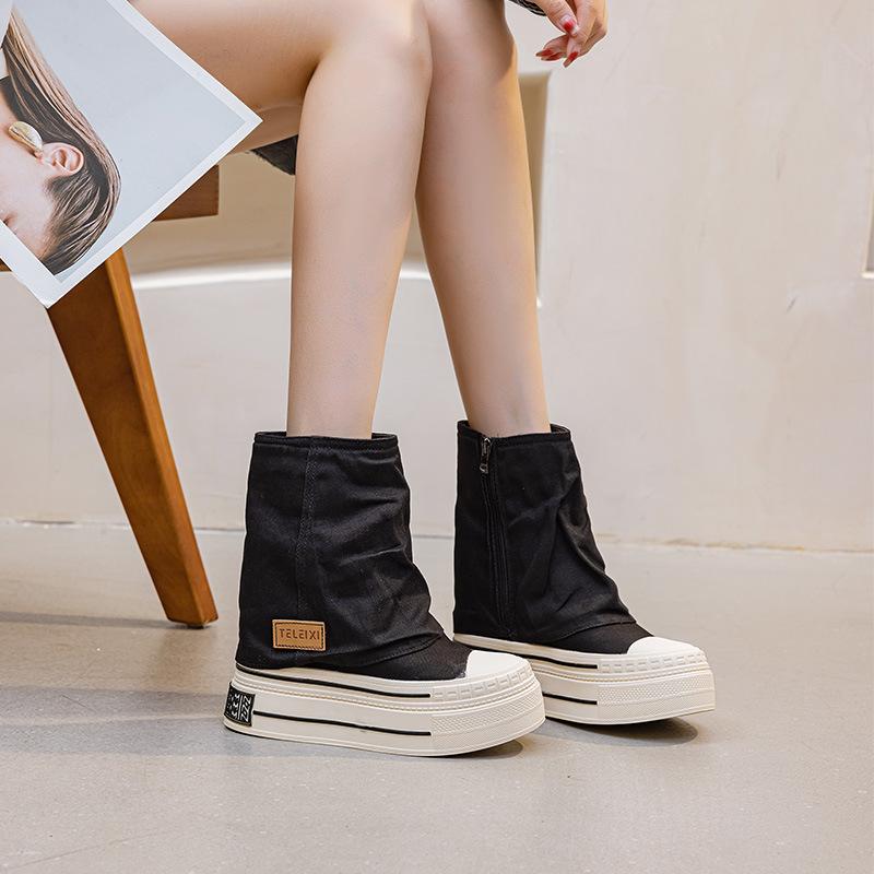 

Холщовые туфли 2025 весна и осень новые короткие ботинки женские толстая подошва внутренняя высота увеличена на 12 см дизайн доски нишевые средней длины модные 40 чёрный