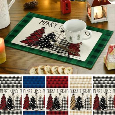 Christmas Tree Print Linen Placemats Winter Gird Plaid Placemats Desktop Protector for Home Party Kitchen Dining Decoration