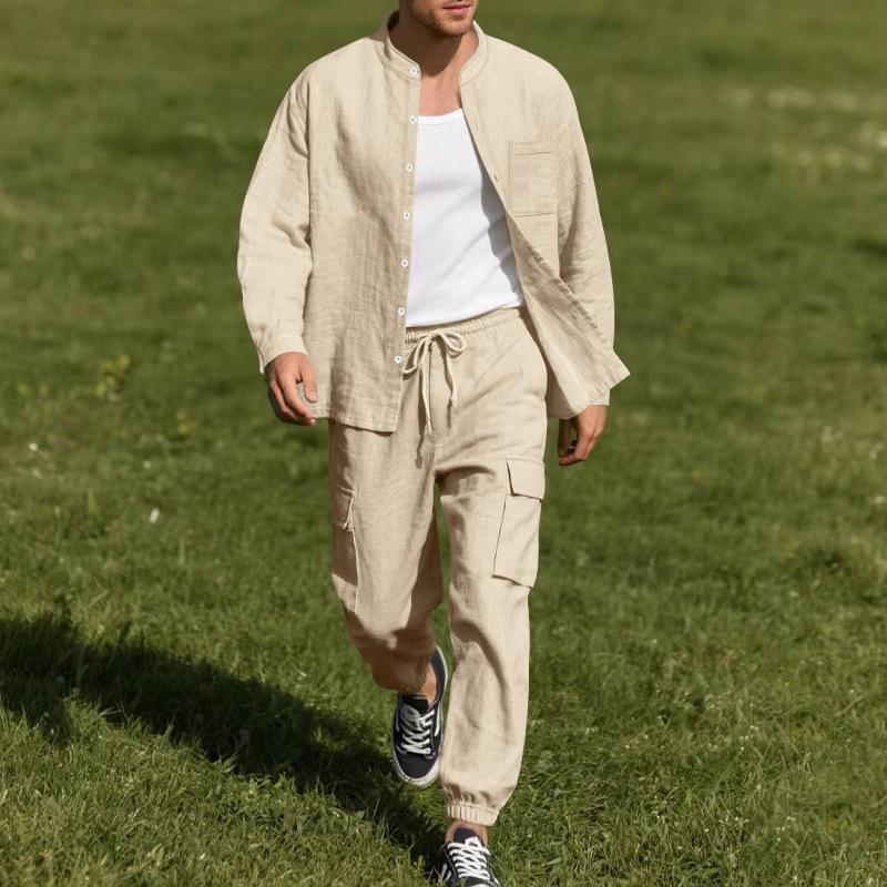 

Men s summer linen button-down shirt, long-sleeved trousers and cardigan – a relaxed, casual beach outfit S хаки
