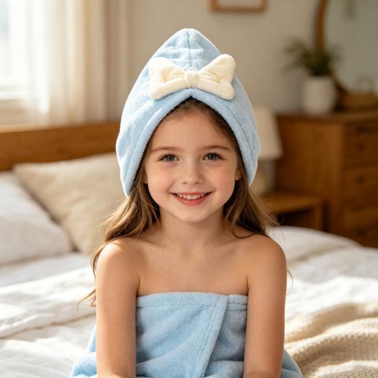 Kids Hair Drying Cap Super Absorbent Quick Dry Hair Towel Wrap with Button Cute Bow Anti-Frizz Turban for Girls Long Hair
