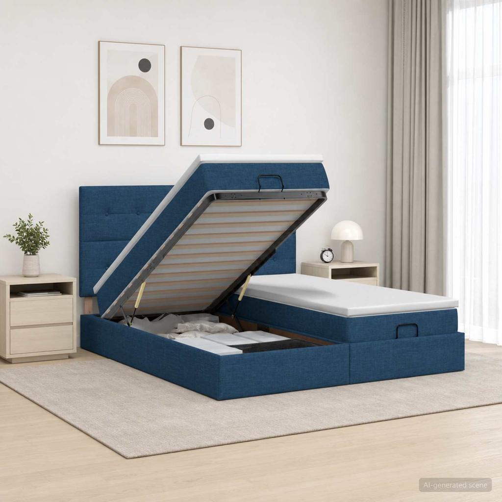 Ottoman Bed with Mattress and LED Blue 180 X 200 Cm Fabric
