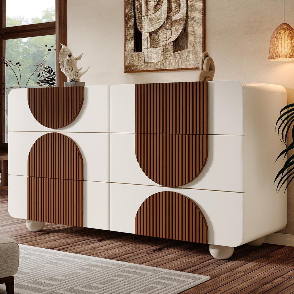 Chest of Drawers with 6 Drawers & Curved Design In White, Chocolate-Colored Wood Strips, Sliding Drawers & Anti-Tip Protection, 121x71x41 Cm (W/H/D)