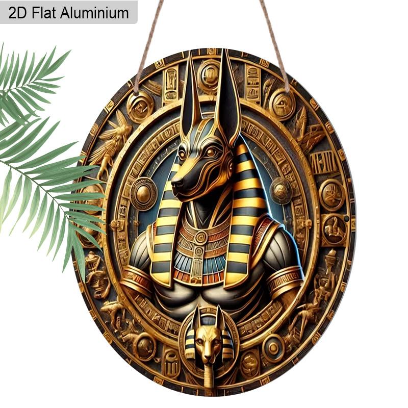 2D Flat Aluminum Vintage Egyptian Anubis God Round Metal Sign, Ancient Egyptian Mythology Wall Art Sign for Front Door, Pre-Drilled Holes for Easy