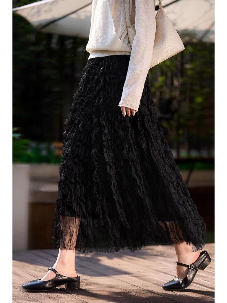 2026 Summer Elegant High Waist Mesh A-line Skirt with Wave Pleats for Women