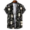 Men's Retro Sketch Flower Manuscript Printed Short Sleeve Shirt, Collar Button Cardigan, Hawaii Vacation Shirt