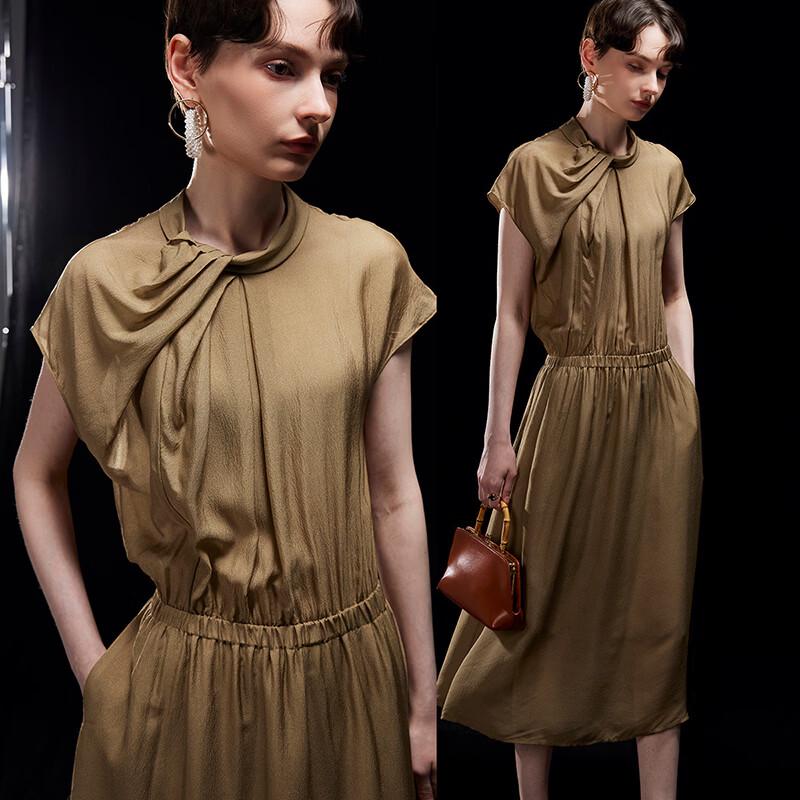 Elegant 100% Mulberry Silk Pleated Stand Collar Dress XL