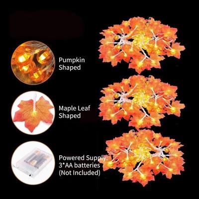 Guirlande lumineuse décorative Halloween en forme de feuille d'érable et de citrouille, 33 pieds, 80 LED, couleur chaude