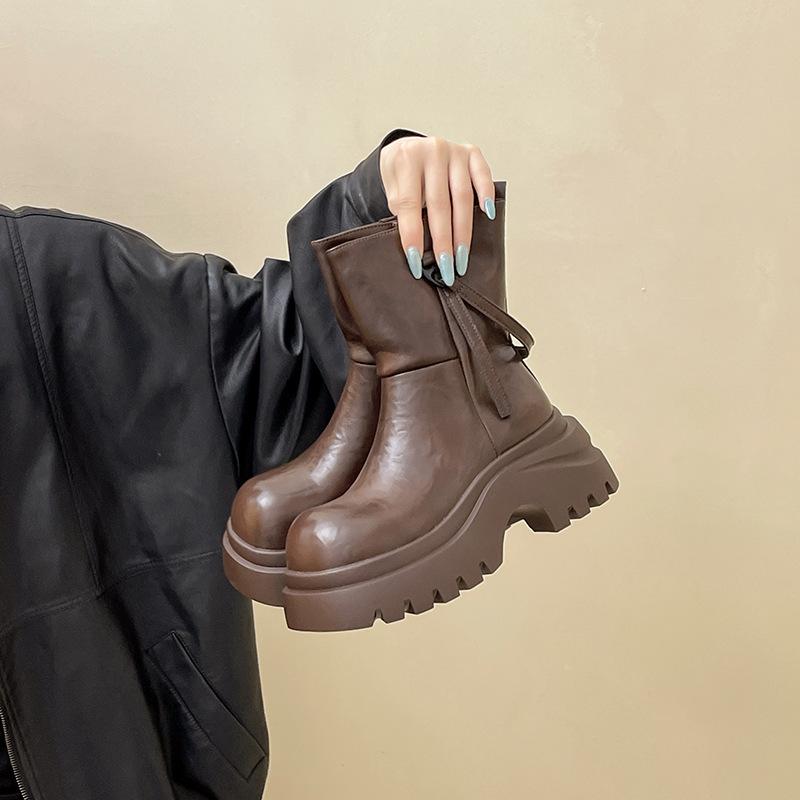 

Модные универсальные кожаные ботинки на толстой подошве и толстом каблуке, модные ботинки осенне-зимнего дизайна, ретро с круглым носком, туфли-одинарки, женские ботинки Мартин 40 коричневый