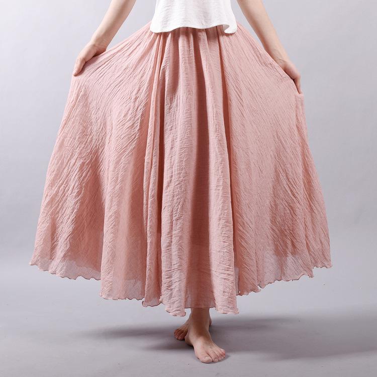 Women's Cotton Linen Maxi Skirts Double Layer Boho Elastic High Waist Pleated A-Line Flowy Swing Long Maxi Skirts Elastic Waist Long Skirt for Women