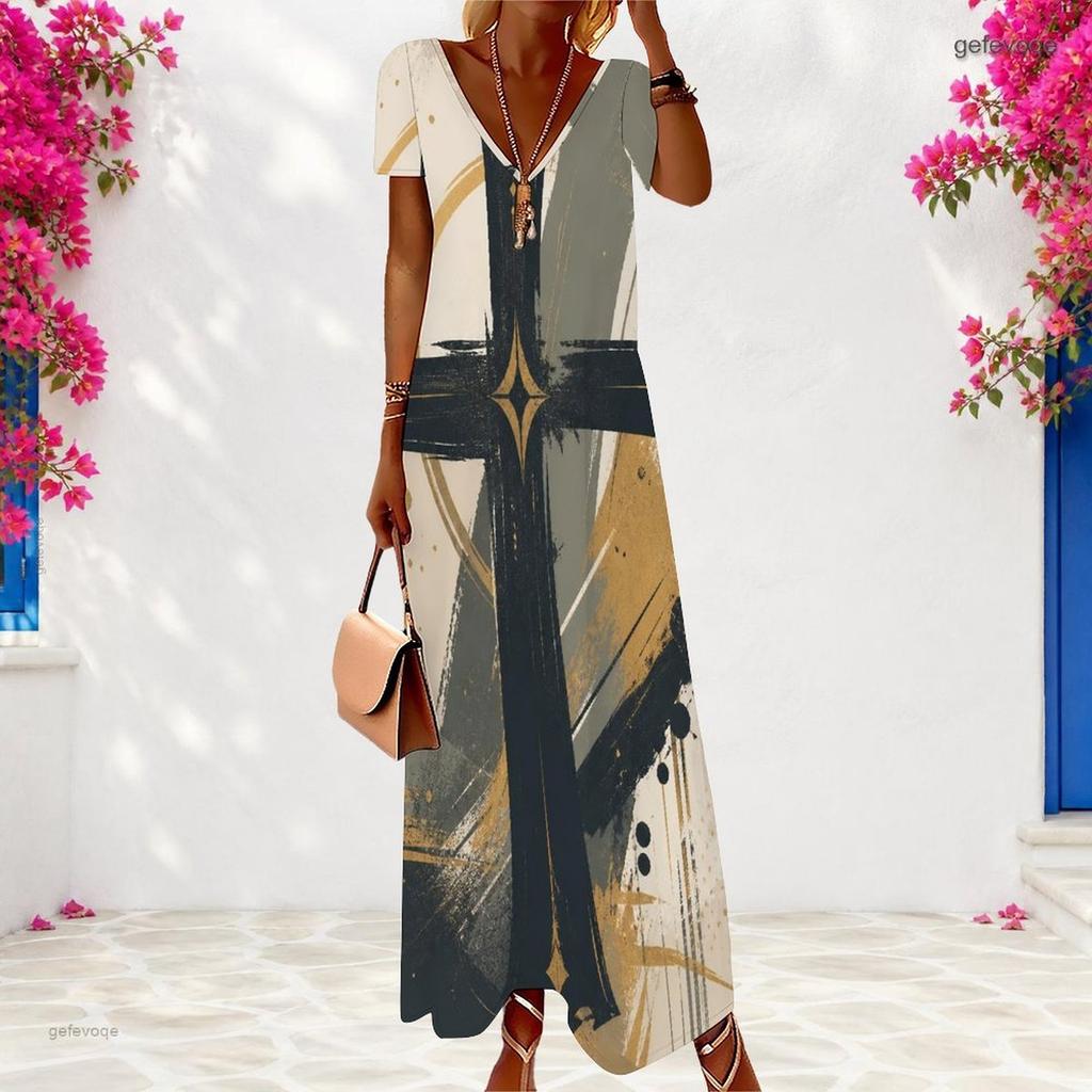 Women Plus Size V Neck Short Sleeve Star Swirl Printed Long Dress Red Blue White