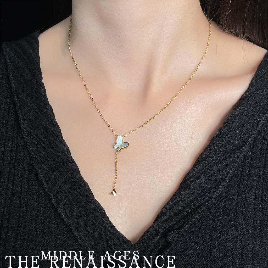 Vintage French Real Shell Butterfly Tassel Necklace Elegant Clavicle Chain Necklace Women
