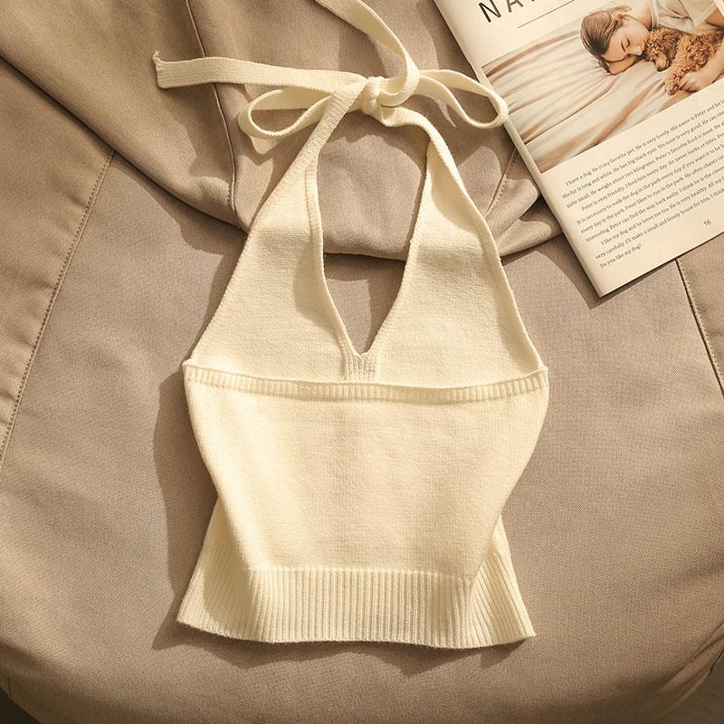 Summer Chic Hang Neck Sexy Knitted Suspender Girl Sweet Style Lace Up Backless Tops New Design Casual Fashion Camis Chic Clothing