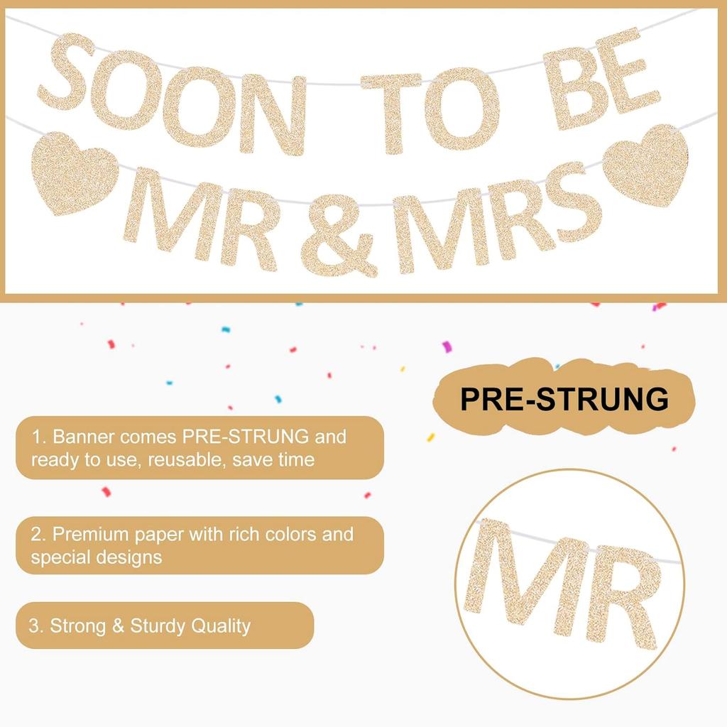 Mr & Mrs Banner Pre-strung Soon To Be Mr and Mrs Sign Glitter Engagement Banner for Bridal Shower Wedding Engagement Bachelorette Party Decorations