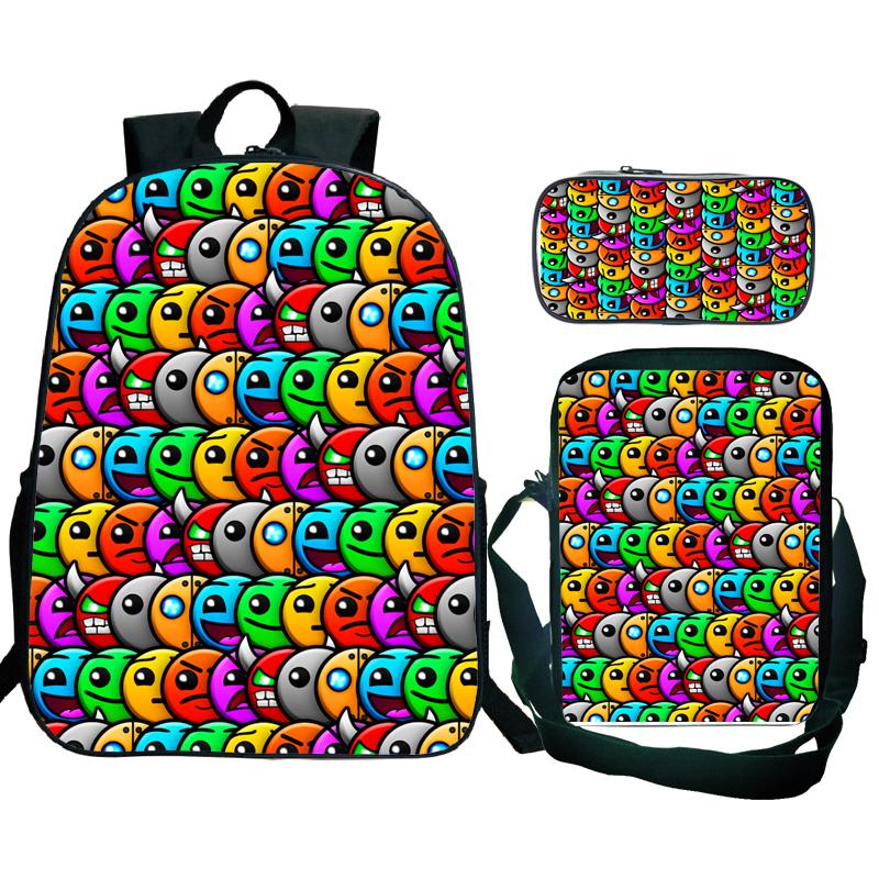 Angry Geometry Dash Backpack 3pcs School Bag Waterproof Student Girls Boys Children Mochila with Pen Bag