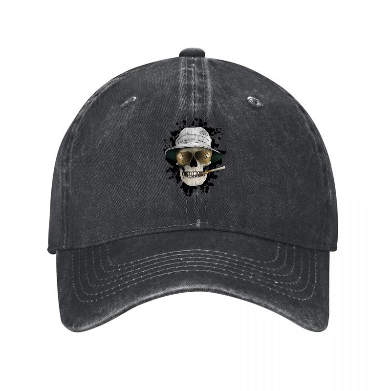 Skull and Hat Embroidered Washed Cotton Baseball Cap Classic Black Adjustable Dad Hat with Unique Patch Design for Casual Wear