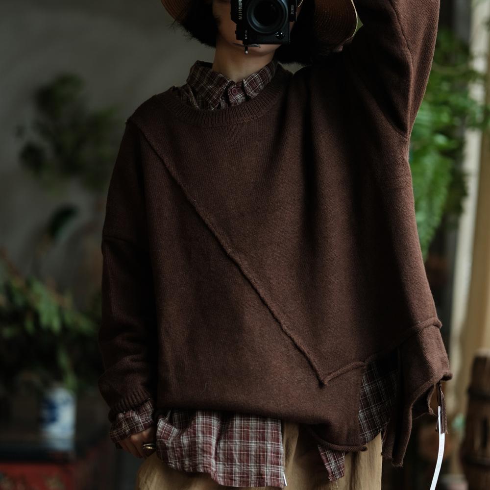 Johnature Women Vintage Pullover Sweaters Solid Color Irregular Patchwork O-Neck Long Sleeve Knitted Autumn Winter Sweaters