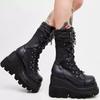 Platform Biker Boots Spice Girl Mid-Tube Lace-Up Black Knight Boots for Women