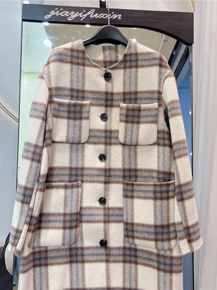 2023 Women's Retro Plaid Double-Sided Cashmere Wool Coat, Mid-Length Loose Fit for Autumn/Winter
