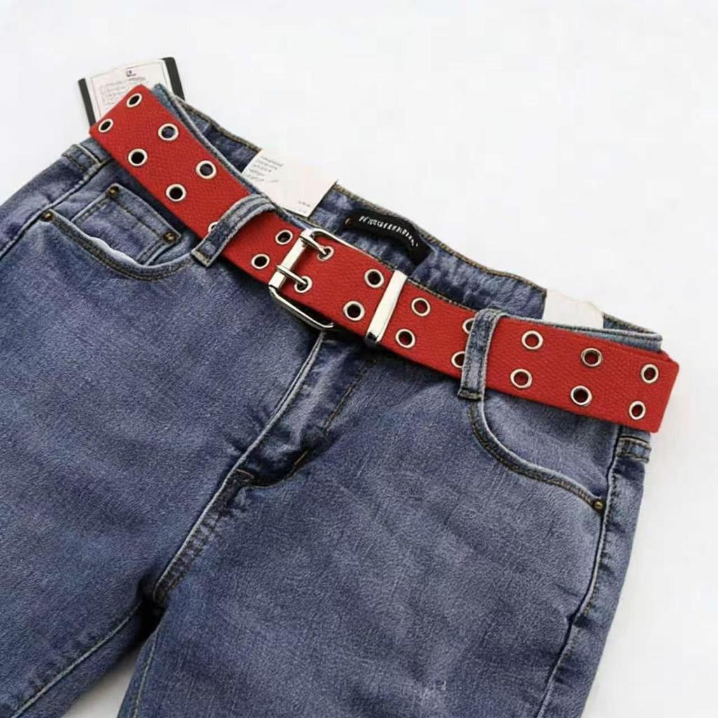 Trendy Double-Breasted Canvas & Rivet Belt - Casual Hollowed-Out Denim Belt with Leather Accents