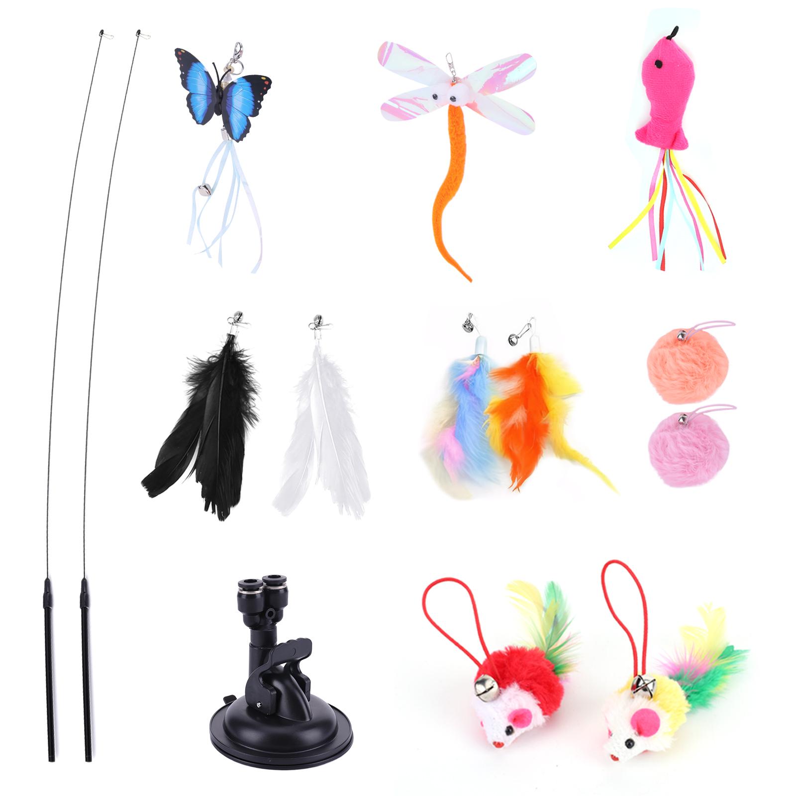 Detachable Cat Teaser Stick Toy Set 13Pcs Suction Cup Interactive 22LBS Strong Suction Handfree Feather Toy for Indoor Cat Playi