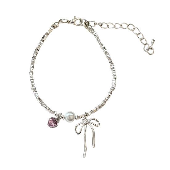 Bowknot Charm Bracelet Faux Gemstone Pink Heart Cuff Bracelet Adjustable Dainty Bracelet Elegant Wrist Jewelry for Girls Women