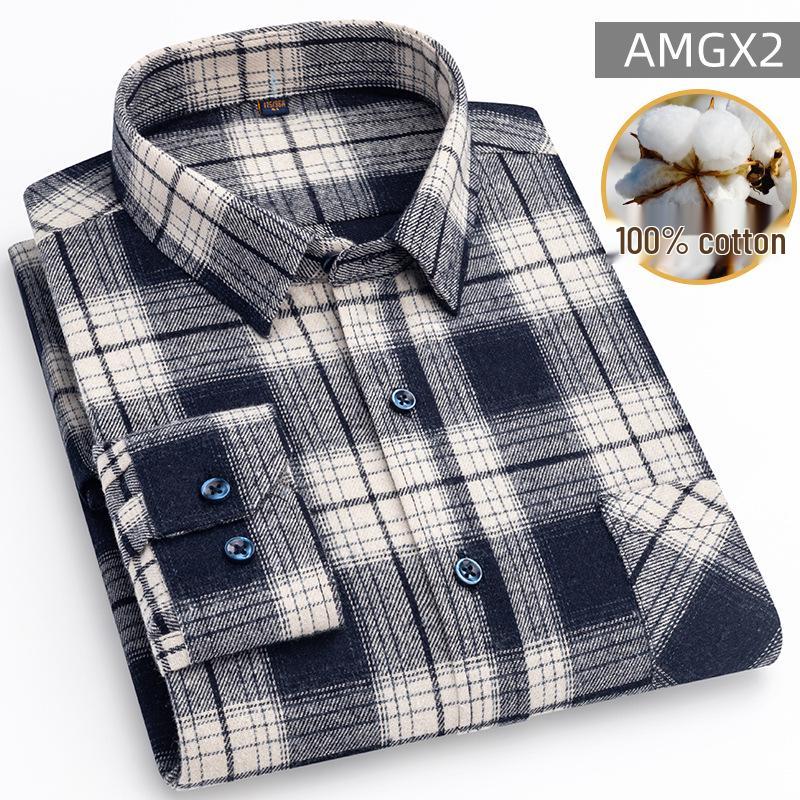 New Men's Plus Size Brushed Cotton Plaid Long Sleeve Shirt for Middle-Aged & Elderly with Straight Hem