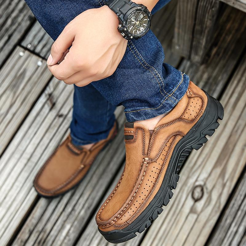 Classical Men's Wear Resistant Leather Loafers Vintage Hand Stitching Oxfords Low Cut Ankle Boots Casual Daily Work Office Shoes