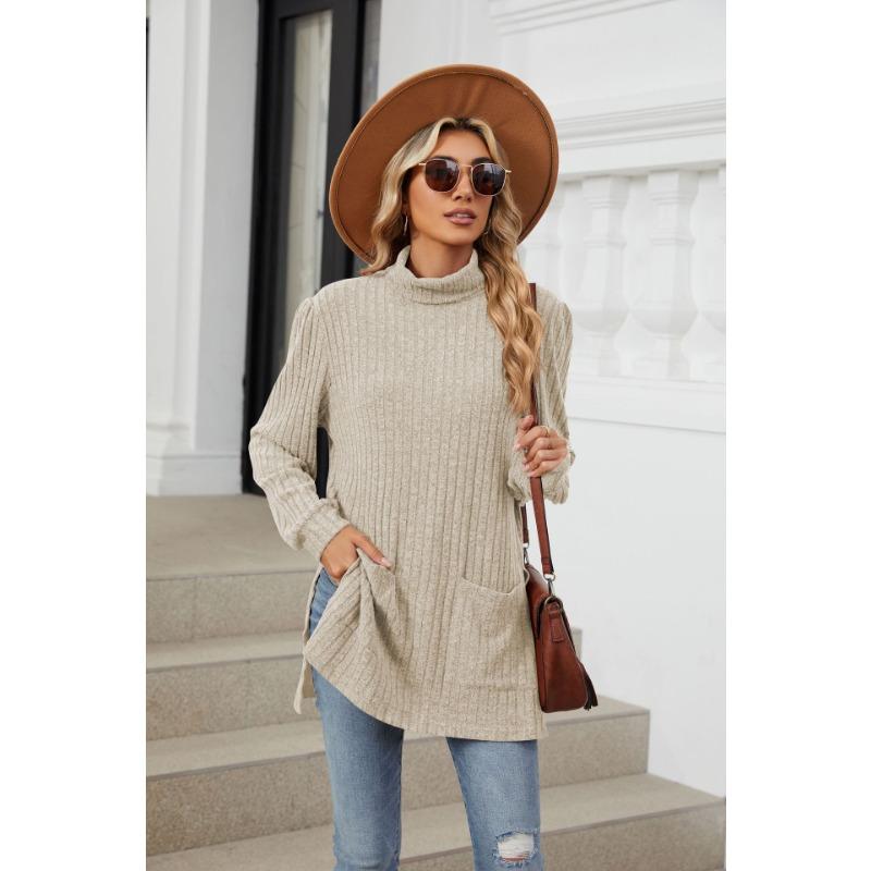 Herbst Damen Bluse Halb Stehkragen Langarm Lose Split Pocket Top