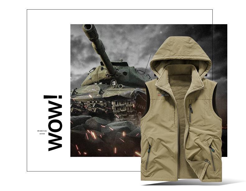 Gilet da uomo in pile Sherpa double-face con imbottitura in velluto, per esterni, con cappuccio staccabile