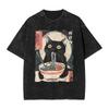 Japanese Ramen Cat T Shirt Men Women Funny Black Cat Eating Noodles Graphic Tee Washed Vintage Summer Top Harajuku Streetwear