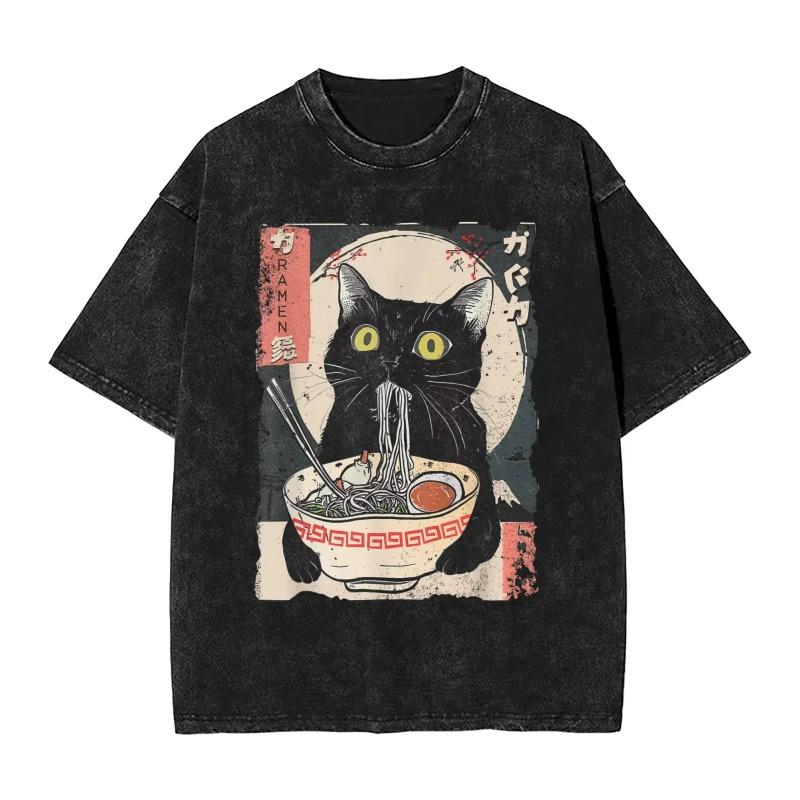 Japanese Ramen Cat T Shirt Men Women Funny Black Cat Eating Noodles Graphic Tee Washed Vintage Summer Top Harajuku Streetwear
