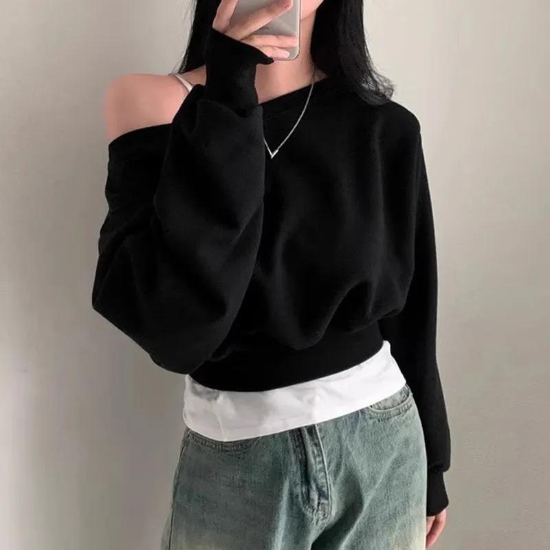 Korean Chic Autumn Winter Niche Elegant Off Shoulder Loose Casual Versatile Cropped Long Sleeve Solid Hoodie Women