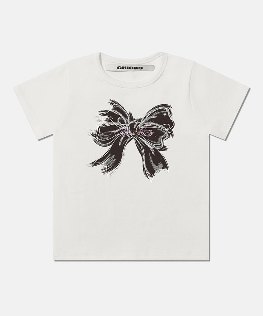CHICKS Black Ribbon Crop Short Sleeve Tee White