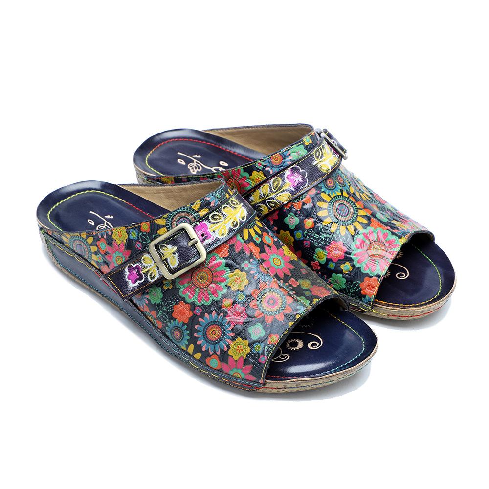 Johnature Chaussures d'été pour femmes, pantoufles d'extérieur en cuir véritable, sandales plates confortables rétro peintes à la main, nouvelle collection 2023