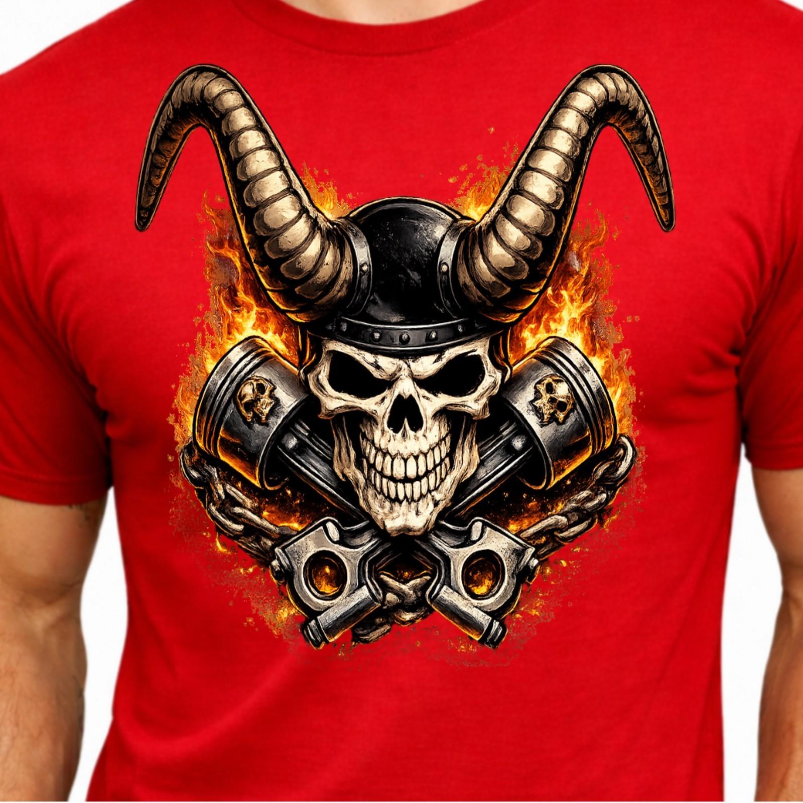 Horned Skull Biker Pistons Chain Flaming Skull Heavy Metal Mechanic T-Shirt. M