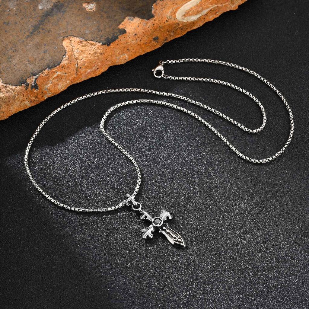 Vnox Sword Pendant with Black Zircon Necklace for Men, Stainless Steel Waterproof Box Chain Retro Punk Jewelry Gifts for Son Dad
