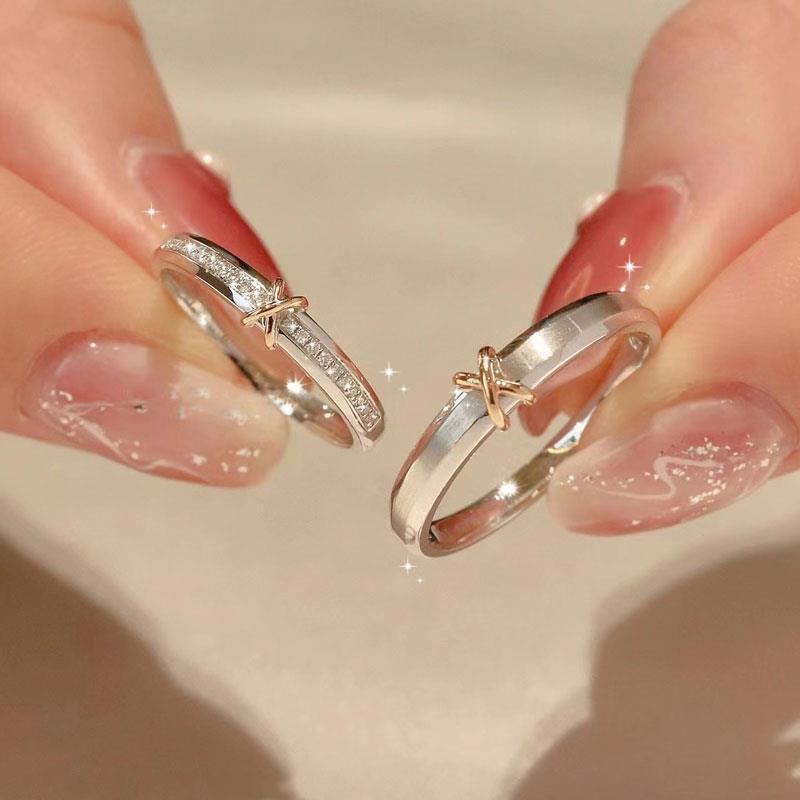 Adjustable Sterling Silver Eternal Heart Knot Couple Rings: Exquisite Two-Tone Valentine's Day Pair for Men and Women