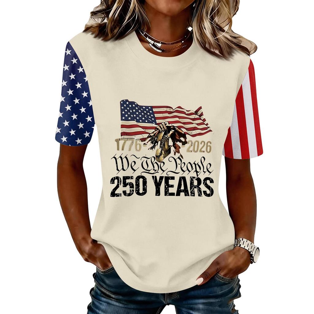 Blusa Feminina da Moda Casual de Manga Curta com Estampa e Gola Redonda