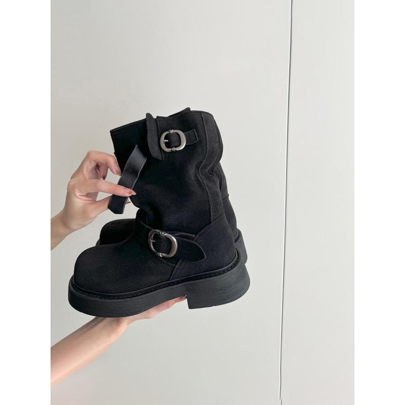 Vintage thick-soled Martin boots metal buckle western cowboy boots suede thick heel round head thin pile boots