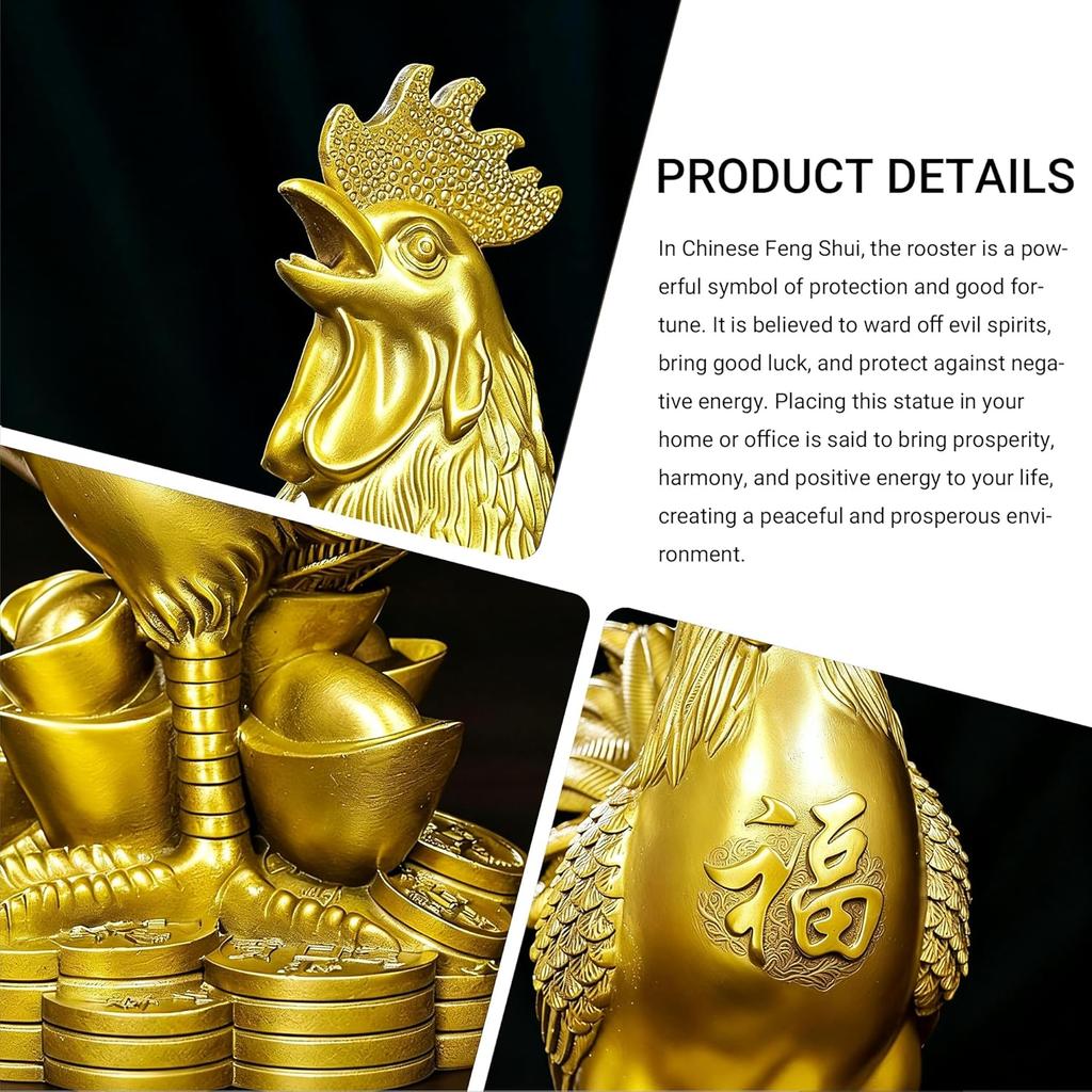 Aris & Juno Brass Rooster Feng Shui Statue – Chinese Wealth & Good Luck Figurine for Entryway, Home Office Desk or Shelf Decor, Gift for Boss,