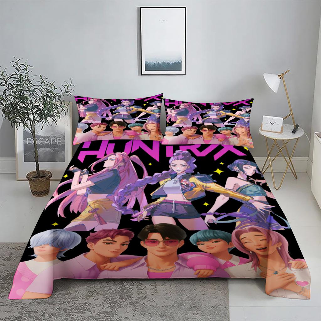 Huntrix, Rumi, Mira D-Dämonenjäger K-Pop Bettwäsche-Set 3D-bedrucktes Bettlaken mit Kissenbezug Bettwäsche King Queen Size