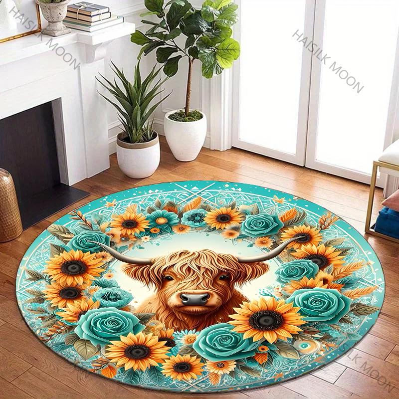 Scottish Highland Cattle Pattern Round Rug Kids Room Circular Carpet Living Room Bedroom Home Decoration Computer Chair Area Mat