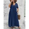 Plus Size Women V Neck Short Sleeve Loose A Line Long Dress With Pockets