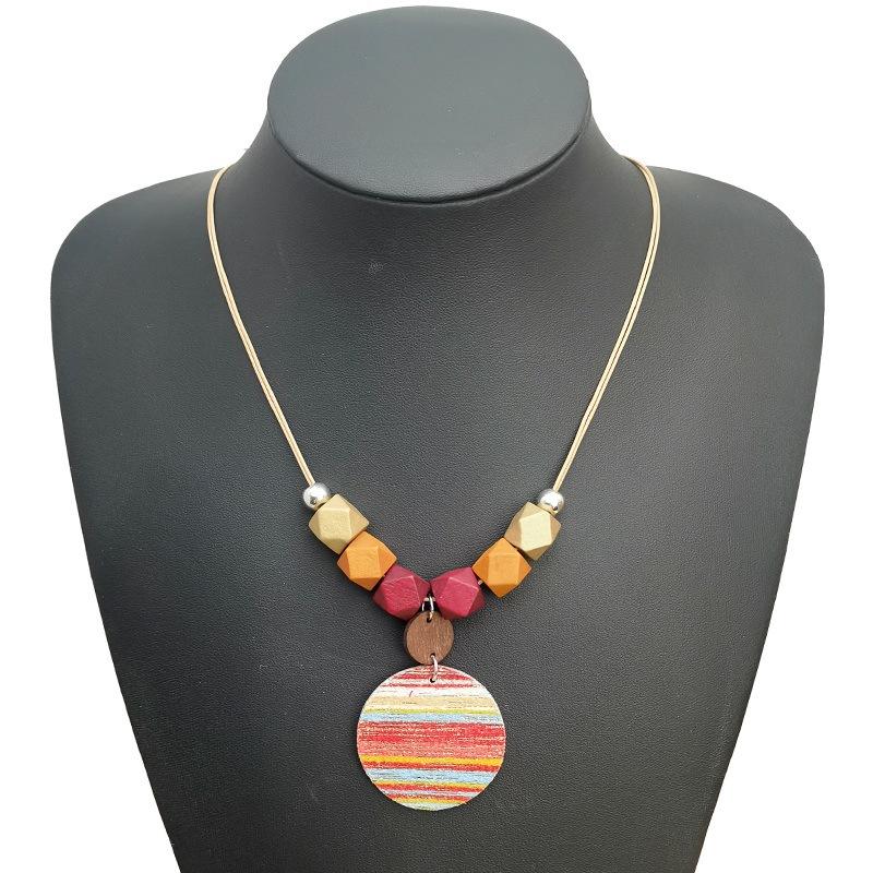 Ethnic Style Colorful Striped Necklace Round Leather Pendant Necklace Women's Fashionable Wooden Bead Necklace Bohemian Jewelry