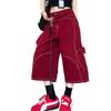 Red Multi Pocket Women's Cropped Pants American Retro Loose Female's Cargo Pants High Waisted Versatile Summer Clothing