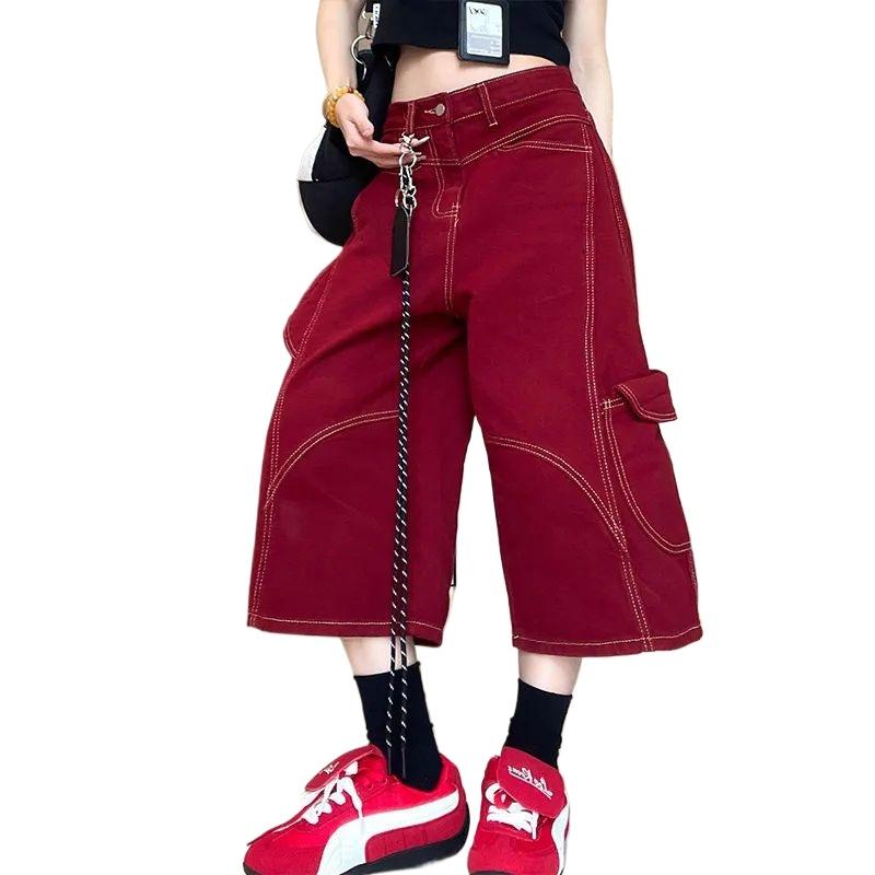 Red Multi Pocket Women's Cropped Pants American Retro Loose Female's Cargo Pants High Waisted Versatile Summer Clothing